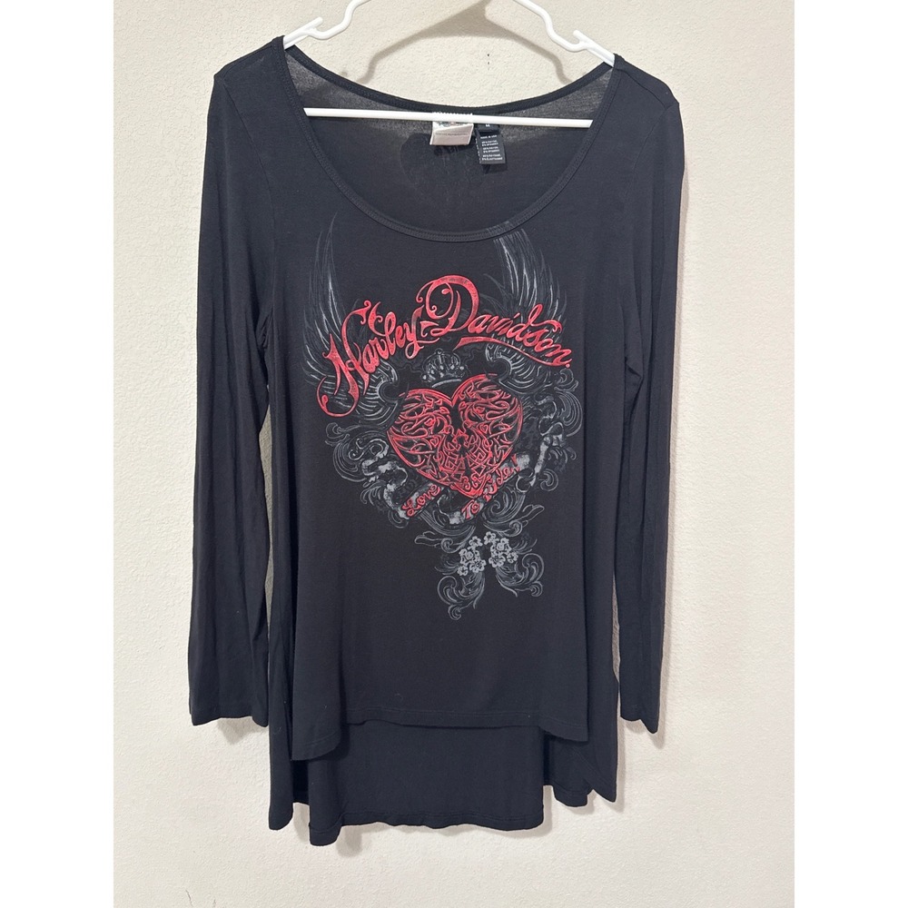 Harley Davidson Women's Black Long T-Shirt Tunic Red Heart Size‎ M Grunge Biker